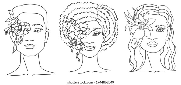 Three women of different nationalities and cultures together line art. Vector doodle illustration