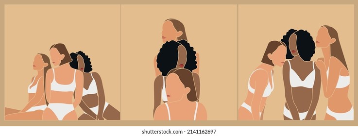 Three women of different nationalities and cultures stand side by side. Strong and courageous girls support each other and the feminist movement. Sisterhood and female friendship. Vector illustration