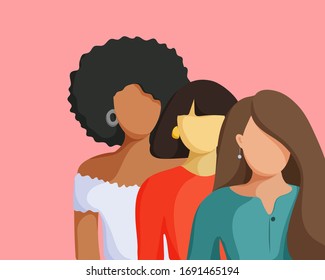 Three women of different nationalities. Friendship, union of feminists or sisterhood. 