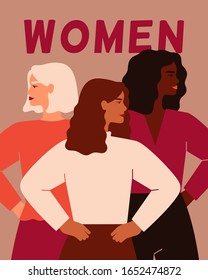 Tres mujeres de diferentes nacionalidades se mantienen unidas. Amistad de las mujeres, unión de feministas o hermandad. El concepto del movimiento de empoderamiento de la mujer. 