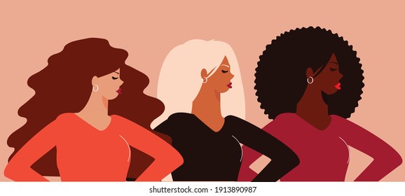 Three women from different nationalities united and standing. Group of young girls represent sisterhood and friendship. women's rights and gender equality. Female empowerment movement concept. Vector.