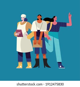 tres mujeres diferentes profesiones trabajadores personajes diseño de ilustraciones vectoriales