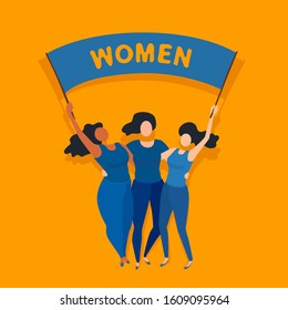 Three women of different races stand closely, hugging each other, holding a poster in their hand. Space for text, messages. Girl's rights. Vector flat style cartoon illustration.