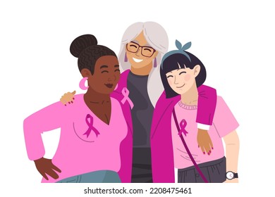 Three women diffrent nationalities. Vector illustration of breast cancer. Breast Cancer Awareness October. Silk ribbons and friendship. Breast Cancer Awareness. 