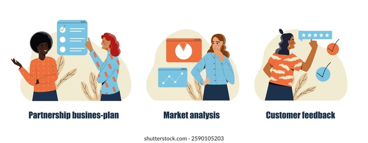 Three women discussing business concepts partnership business-plan, market analysis, and customer feedback. Flat graphic style on a light background. Concept of business strategy. Vector illustration