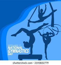 Three women doing gymnastics with bold text on a light blue background to commemorate National Gymnastics Day on September 17