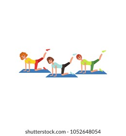 Three women doing leg swings workout. Cartoon people in sportswear. Young girls in gym. Visiting fitness center. Active lifestyle. Flat vector design