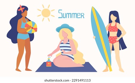 Three women doing summer leisure activities on the beach, vector flat design illustration.