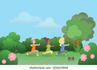 Three Women Doing Yoga Outside In The Park On A Summer Day