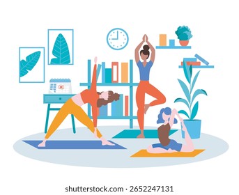 Three women doing yoga poses in a cozy home interior with bookshelves, plants, and wall art, flat design style on white background. Concept of healthy lifestyle. Vector illustration