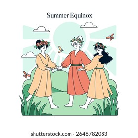 Three women, dressed in festive clothing with flower crowns, hold hands and dance in a circle outdoors during the summer equinox. Vector illustration captures joy and harmony.
