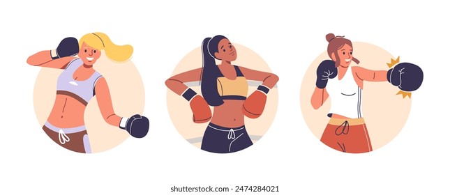 Tres Mujeres Que Se Dedican Al Entrenamiento De Boxeo, Muestran Diferentes Posturas Y Acciones De Boxeo, Mostrando Fuerza O Estado Físico