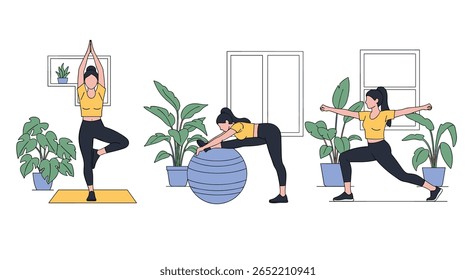 Three women engaged in different yoga poses and fitness exercises at home surrounded by plants and natural light