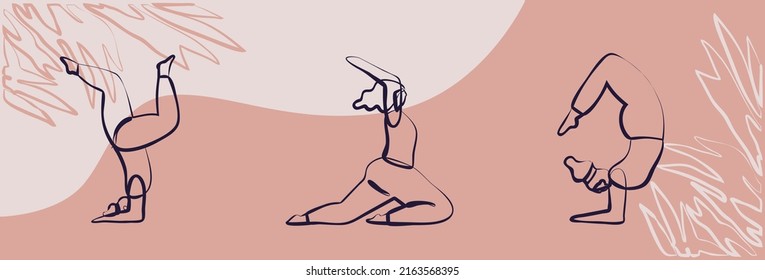 Three Women exercising yoga line illustration. Yogis in poses, women practicing asana vector. Decorative abstract banner with colorful doodles Concept of meditation. Healthy lifestyle