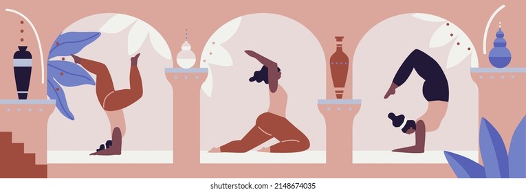 Three Women exercising yoga vector illustration. Yogis in poses, women practicing asana. Relaxing environment. Concept of meditation. Beautiful room and plants. Cartoon flat style. Healthy lifestyle. 