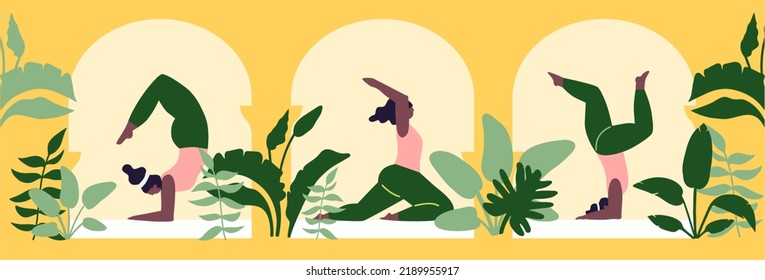 Three Women exercising yoga vector illustration. Yogis in poses, women practicing asana. Concept of meditation. Beautiful background of abstract tropical leaves. Cartoon flat style