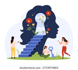 Three women explore creativity and self-discovery, unlocking ideas within a female silhouette filled with flowers, stairs, and a keyhole, symbolizing growth isolated vector illustration