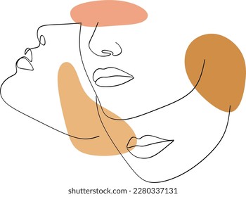 Three women face minimalist illustrations. Silhouette with pastel decor. One line drawing.