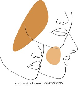 Three women face minimalist illustrations. Silhouette with pastel decor. One line drawing.