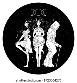 Three women figures, symbol of Triple goddess as Maiden, Mother and Crone, moon phases. Hekate, mythology, wicca, witchcraft. Vector illustration