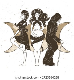 Three women figures, symbol of Triple goddess as Maiden, Mother and Crone, moon phases. Hekate, mythology, wicca, witchcraft. Vector illustration