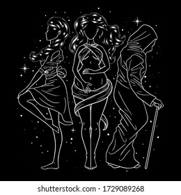 Three women figures, symbol of Triple goddess as Maiden, Mother and Crone, moon phases. Hekate, mythology, wicca, witchcraft. Vector illustration