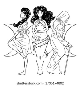 Three women figures, symbol of Triple goddess as Maiden, Mother and Crone, moon phases. Hekate, mythology, wicca, witchcraft. Vector illustration