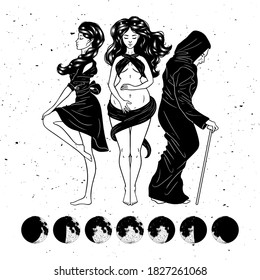 Three women figures, symbol of Triple goddess as Maiden, Mother and Crone, moon phases. Hekate, mythology, wicca, witchcraft. Vector illustration