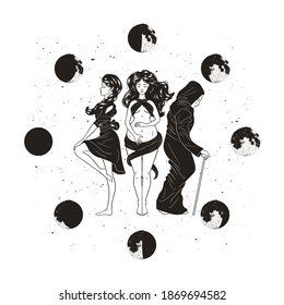 Three women figures, symbol of Triple goddess as Maiden, Mother and Crone, moon phases. Hekate, mythology, wicca, witchcraft. Vector illustration