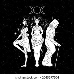 Three women figures, symbol of Triple goddess as Maiden, Mother and Crone, moon phases. Hekate, mythology, wicca, witchcraft. Vector illustration