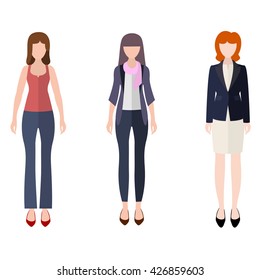 Three women flat style icon people figures in different views like:
in casual dress, free style dress, fancy in orange jacket and business lady