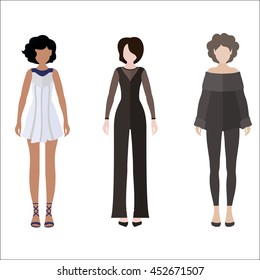 Three women flat style icon people figures in different views like: brunette in white dress, strict dress code and brown hair in gray fashion suit