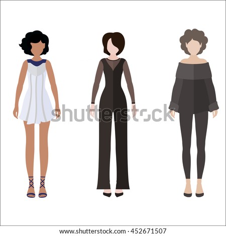 Three women flat style icon people figures in different views like: brunette in white dress, strict dress code and brown hair in gray fashion suit
