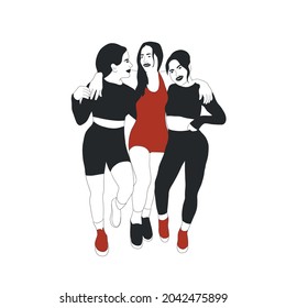 Three women friends in tracksuits standing together and hugging. Girls athletes. Yoga trainers. Hand drawn vector flat characters design. 