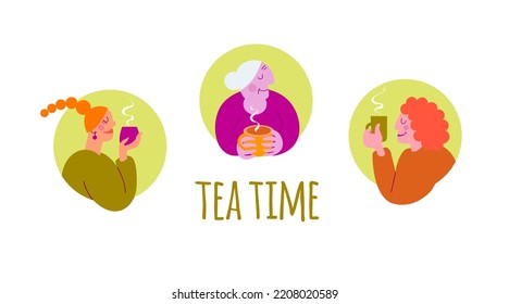 Three Women - A Girl, A Woman, A Grandmother Drink Tea. Hand Drawn Vector Design Icon Set.