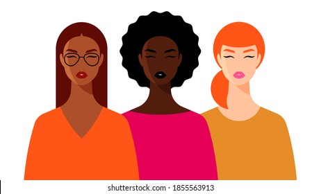 Three women. Girls of Different ethnicity stand side by side: Latin American, African, Caucasian. Brunette, brown-haired and red-haired girls. Concept of feminism, equality, unity and women rights.