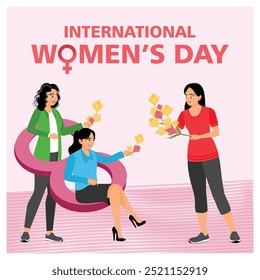 Three women give each other flowers while celebrating Women's Day. Women's rights activism. Women's Day concept. Flat vector illustration.