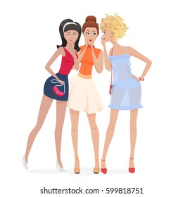 Three women gossips standing and talking isolated on white vector illustration. Girlfriends gossip.