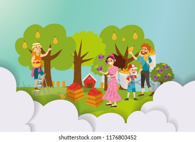 Three women harvesting in fruit orchard flat poster