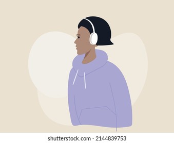 Three Women in headphones listening to music, girls singing favorite song, attractive female having fun, minimalistic background, enjoying melody