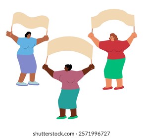 Three women holding banners of different configurations. Cartoon style illustration of women of different nationalities voting for women's rights. Vector illustration
