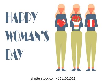 Three women holding boquet of flowers, gift box and heart. Spring vector holiday illustration. Happy woman's day title