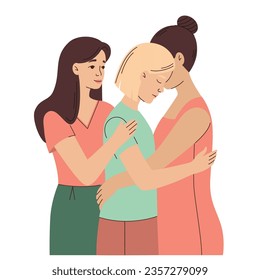 Three women are hugging. Female support, help, trust.Women friendship.Girl power.Flat vector cartoon illustration isolated on white background