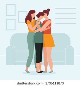 Three Women In Hugs. Concept Of Female Support. Woman In Difficult Circumstances, Victim Of Family And Sexual Violence. Psychological And Friendly Help. Cartoon Vector Illustration.