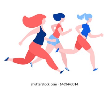 Three women jogging, running. Sport fitness outfit clothes. Blue, pink, red colors on white background. Vector illustration flat style.