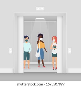 Three women in masks at elevator coronavirus character flat cartoon concept vector illustration. Young women in summer wear stand in masks in elevator. Keep distance covid-19 concept