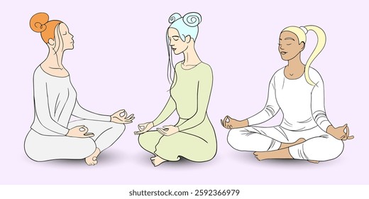 Three women meditating in the lotus position.