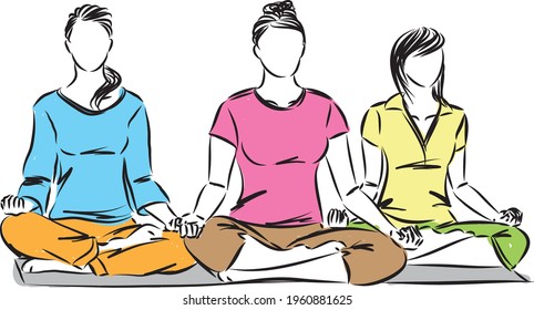 three women in meditation yoga concept vector illustration
