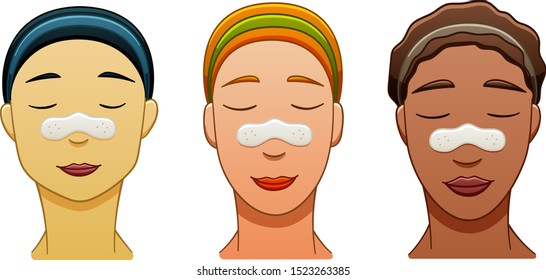 Three women with nose pore strips on their faces