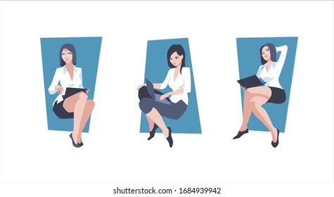 Three women in office outfits working on laptops in different angles and poses